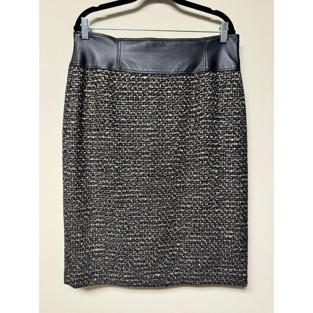 LAFAYETTE 148 New York Virgin Wool Tweed Faux Leather Pencil Skirt, Sz 12